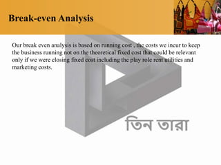 Break-even Analysis
Our break even analysis is based on running cost , the costs we incur to keep
the business running not on the theoretical fixed cost that could be relevant
only if we were closing fixed cost including the play role rent utilities and
marketing costs.
 
