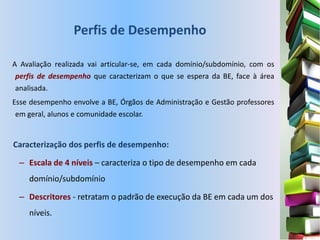Perfis de Desempenho

A Avaliação realizada vai articular-se, em cada domínio/subdomínio, com os
 perfis de desempenho que caracterizam o que se espera da BE, face à área
 analisada.
Esse desempenho envolve a BE, Órgãos de Administração e Gestão professores
em geral, alunos e comunidade escolar.


Caracterização dos perfis de desempenho:

 – Escala de 4 níveis – caracteriza o tipo de desempenho em cada
    domínio/subdomínio

 – Descritores - retratam o padrão de execução da BE em cada um dos
    níveis.
 