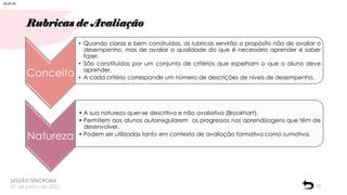 Rubricas de Avaliação
Conceito
• Quando claras e bem construídas, as rubricas servirão o propósito não de avaliar o
desempenho, mas de avaliar a qualidade do que é necessário aprender e saber
fazer.
• São constituídas por um conjunto de critérios que espelham o que o aluno deve
aprender.
• A cada critério corresponde um número de descrições de níveis de desempenho.
Natureza
• A sua natureza quer-se descritiva e não avaliativa (Brookhart).
• Permitem aos alunos autorregularem os progressos nas aprendizagens que têm de
desenvolver.
• Podem ser utilizadas tanto em contexto de avaliação formativa como sumativa.
15
SESSÃO SÍNCRONA
07 de junho de 2021
18:24:30
 