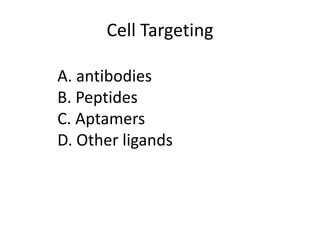 Cell Targeting

A. antibodies
B. Peptides
C. Aptamers
D. Other ligands
 