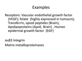 Examples
Receptors: Vascular endothelial growth factor
  (VEGF); folate (highly expressed in tumours);
  Transferrin, opiod peptides (Brain),
  Apolipoproteins (ApoE, Brain) , Human
  epidermal growth factor (EGF)

αvβ3 Integrin
Matrix metalloproteinases
 