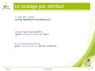 Le routage par attribut
2014-03-27 3T – ASP.NET WebAPI 18
 