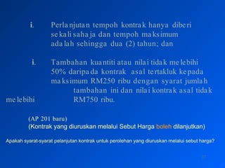 i.
27
Perla njutan tempoh kontrak hanya diberi
se kali saha ja dan tempoh ma ksimum
ada lah sehingga dua (2) tahun; dan
melebihi
i. Tambahan kuantiti atau nilai tidak me lebihi
50% daripa da kontrak asal tertakluk kepada
ma ksimum RM250 ribu dengan syarat jumlah
tambahan ini dan nilai kontrak asal tidak
RM750 ribu.
(AP 201 baru)
(Kontrak yang diuruskan melalui Sebut Harga boleh dilanjutkan)
Apakah syarat-syarat pelanjutan kontrak untuk perolehan yang diuruskan melalui sebut harga?
 