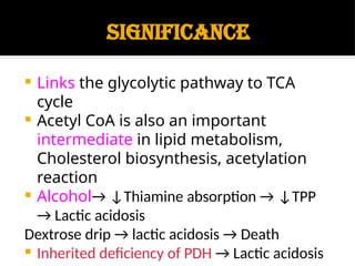 Significance
 Links the glycolytic pathway to TCA
cycle
 Acetyl CoA is also an important
intermediate in lipid metabolism,
Cholesterol biosynthesis, acetylation
reaction
 Alcohol→ ↓Thiamine absorption → ↓TPP
→ Lactic acidosis
Dextrose drip → lactic acidosis → Death
 Inherited deficiency of PDH → Lactic acidosis
 