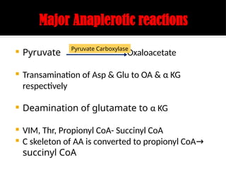 Major Anaplerotic reactions
 Pyruvate Oxaloacetate
 Transamination of Asp & Glu to OA & α KG
respectively
 Deamination of glutamate to α KG
 VIM, Thr, Propionyl CoA- Succinyl CoA
 C skeleton of AA is converted to propionyl CoA→
succinyl CoA
Pyruvate Carboxylase
 