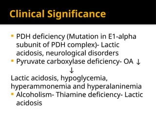 Clinical Significance
 PDH deficiency (Mutation in E1-alpha
subunit of PDH complex)- Lactic
acidosis, neurological disorders
 Pyruvate carboxylase deficiency- OA ↓
↓
Lactic acidosis, hypoglycemia,
hyperammonemia and hyperalaninemia
 Alcoholism- Thiamine deficiency- Lactic
acidosis
 