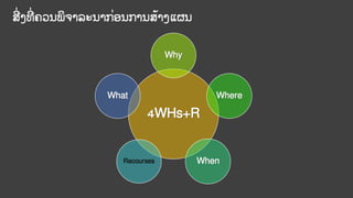 4WHs+R
Why
Where
When
Recourses
What
ສີົ່ງທີົ່ ຄວນພິຈາລະນາກົ່ອນການສ້າງແຜນ
 