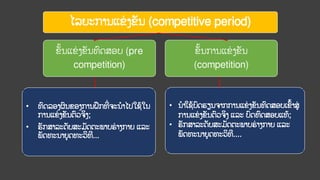 ໄລຍະການແຂ່ ງຂັນ (competitive period)
ຂັ້ນແຂ່ ງຂັນທົດສອບ (pre
competition)
ຂັ້ນການແຂ່ ງຂັນ
(competition)
• ທົດລອງຜົນຂອງການຝຶກທີ
່ ຈະນາໄປໃຊ້ໃນ
ການແຂ
່ ງຂັນຕົວຈິງ;
• ຮັກສາລະດັບສະມັດຕະພາບຮ
່ າງກາຍ ແລະ
ພັດທະນາຍດທະວິທີ...
• ນາໃຊ້ບົດຮຽນຈາກການແຂ
່ ງຂັນທົດສອບເຂົ້າສູ່
ການແຂ
່ ງຂັນຕົວຈິງ ແລະ ບົດທົດສອບແທ້;
• ຮັກສາລະດັບສະມັດຕະພາບຮ
່ າງກາຍ ແລະ
ພັດທະນາຍດທະວິທີ....
 
