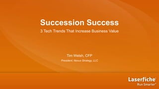 Succession Success
3 Tech Trends That Increase Business Value
Tim Welsh, CFP
President, Nexus Strategy, LLC
 