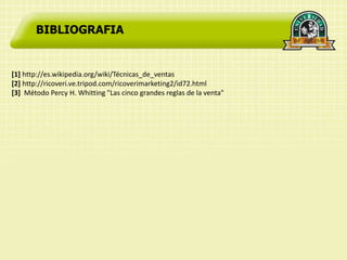 BIBLIOGRAFIA


[1] http://es.wikipedia.org/wiki/Técnicas_de_ventas
[2] http://ricoveri.ve.tripod.com/ricoverimarketing2/id72.html
[3] Método Percy H. Whitting "Las cinco grandes reglas de la venta"
 