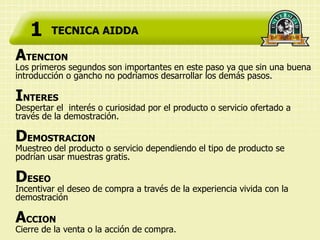 1     TECNICA AIDDA

ATENCION
Los primeros segundos son importantes en este paso ya que sin una buena
introducción o gancho no podríamos desarrollar los demás pasos.

INTERES
Despertar el interés o curiosidad por el producto o servicio ofertado a
través de la demostración.

DEMOSTRACION
Muestreo del producto o servicio dependiendo el tipo de producto se
podrían usar muestras gratis.

DESEO
Incentivar el deseo de compra a través de la experiencia vivida con la
demostración

ACCION
Cierre de la venta o la acción de compra.
 