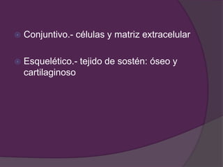  Conjuntivo.- células y matriz extracelular
 Esquelético.- tejido de sostén: óseo y
cartilaginoso
 