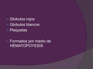  Globulos rojos
 Globulos blancos
 Plaquetas
 Formados por medio de
HEMATOPOYESIS
 