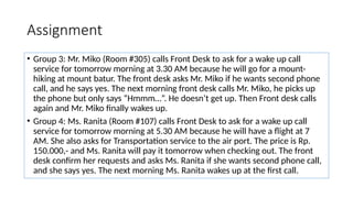 Assignment
• Group 3: Mr. Miko (Room #305) calls Front Desk to ask for a wake up call
service for tomorrow morning at 3.30 AM because he will go for a mount-
hiking at mount batur. The front desk asks Mr. Miko if he wants second phone
call, and he says yes. The next morning front desk calls Mr. Miko, he picks up
the phone but only says “Hmmm…”. He doesn’t get up. Then Front desk calls
again and Mr. Miko finally wakes up.
• Group 4: Ms. Ranita (Room #107) calls Front Desk to ask for a wake up call
service for tomorrow morning at 5.30 AM because he will have a flight at 7
AM. She also asks for Transportation service to the air port. The price is Rp.
150.000,- and Ms. Ranita will pay it tomorrow when checking out. The front
desk confirm her requests and asks Ms. Ranita if she wants second phone call,
and she says yes. The next morning Ms. Ranita wakes up at the first call.
 