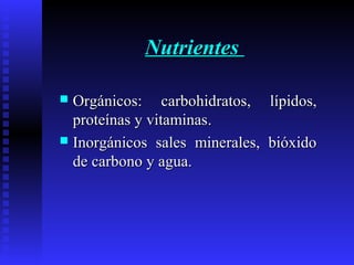 NutrientesNutrientes
 OOrgánicosrgánicos:: carbohidratos, lípidos,carbohidratos, lípidos,
proteínas y vitaminasproteínas y vitaminas..
 IInorgánicos sales minerales, bióxidonorgánicos sales minerales, bióxido
de carbono y agua.de carbono y agua.
 