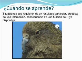 ¿Cuándo se aprende? Situaciones que requieren de un resultado particular, producto de una interacción, consecuencia de una función de R ya disponible. 