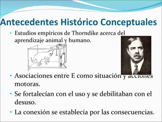 Antecedentes Histórico Conceptuales Estudios empíricos de Thorndike acerca del aprendizaje animal y humano. Asociaciones entre E como situación y acciones motoras. Se fortalecían con el uso y se debilitaban con el desuso. La conexión se establecía por las consecuencias. 
