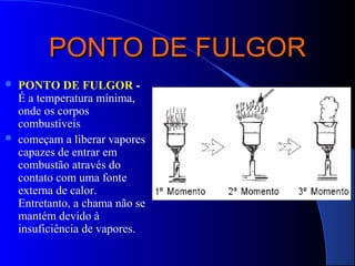 PONTO DE FULGOR
   PONTO DE FULGOR -
    É a temperatura mínima,
    onde os corpos
    combustíveis
   começam a liberar vapores
    capazes de entrar em
    combustão através do
    contato com uma fonte
    externa de calor.
    Entretanto, a chama não se
    mantém devido à
    insuficiência de vapores.
 