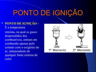 PONTO DE IGNIÇÃO
   PONTO DE IGNIÇÃO -
    É a temperatura
    mínima, na qual os gases
    desprendidos dos
    combustíveis, entram em
    combustão apenas pelo
    contato com o oxigênio do
    ar, independente de
    qualquer fonte externa de
    calor.
 