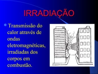 IRRADIAÇÃO
Transmissão   do
 calor através de
 ondas
 eletromagnéticas,
 irradiadas dos
 corpos em
 combustão.
 