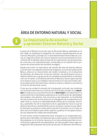 Actualización y Fortalecimiento Curricular de la Educación General Básica 2010 
75 
A partir de la Reforma Curricular para la Educación Básica, planteada en el 
año 1996, se estableció la integración de carácter transdisciplinario de las 
Ciencias Naturales y Sociales en un área denominada Entorno Natural y So-cial, 
en segundo y tercer año. Esta concepción estructural posibilita el cono-cimiento 
de la realidad sobre la base de las experiencias, las percepciones, 
las vivencias y las representaciones, enmarcadas en la creación de la con-ciencia 
de conservación del equilibrio ecológico. 
Desde esta visión, la importancia del estudio del área de Entorno Natural 
y Social como una asignatura dentro del programa curricular de la Educación 
Básica, radica en el conocimiento del medio inmediato y en el desarrollo 
de destrezas de interacción social que alienten una participación activa y 
reflexiva dentro de un grupo social, en completo reconocimiento e interrela-ción 
con el medio. La enseñanza de Entorno Natural y Social supone pensar 
en el espacio local y sus múltiples interacciones en la vida comunitaria, des-de 
la preservación del patrimonio natural y cultural, y desde la convivencia 
en función del bienestar común. 
El eje que da unidad al conjunto de la propuesta curricular, que comienza 
con el estudio del entorno y continúa con los Estudios Sociales, es la identi-dad. 
En este punto, el reconocimiento de la diversidad es fundamental en la 
construcción de la identidad ecuatoriana y en la edificación de identidades 
más amplias, más abiertas, más inclusivas y más tolerantes. La factibilidad 
de esta construcción se encuentra en la conjugación de la experiencia y el 
saber. Esto es, construir la identidad desde la base de lo conocido, discuti-do 
y aprendido. De allí la importancia de la capacidad de narrar lo que se 
observa del entorno, posibilitando que los escolares cuenten lo que saben. 
Es necesaria la puesta en relato para conectar lo conocido con lo vivido, es 
decir, buscar el espacio para contar, exponer y publicar en el espacio educa-tivo 
las experiencias vitales del estudiantado. 
En este marco resulta fundamental hacer hincapié en el componente pro-yectivo 
de la identidad, considerando que la observación y la identificación 
de problemas en el entorno natural y en la vida cotidiana permiten la con-cienciación 
y generación de expectativas, así como pueden hacer lugar a la 
imaginación de propuestas de acción de solución. El deterioro del entorno, 
ÁREA DE ENTORNO NATURAL Y SOCIAL 
1 La importancia de enseñar 
y aprender Entorno Natural y Social 
 