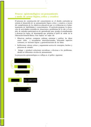 ActualizaciónyFortalecimientoCurriculardelaEducaciónGeneralBásica2010
Proceso epistemológico: un pensamiento
y modo de actuar lógico, crítico y creativo
El proceso de construcción del conocimiento en el diseño curricular se
orienta al desarrollo de un pensamiento lógico, crítico y creativo, a través
del cumplimiento de los objetivos educativos que se evidencian en el plan-
teamiento de habilidades y conocimientos. El currículo propone la ejecu-
ción de actividades extraídas de situaciones y problemas de la vida y el em-
pleo de métodos participativos de aprendizaje, para ayudar al estudiantado
a alcanzar los logros de desempeño que propone el perfil de salida de la
Educación General Básica. Esto implica ser capaz de:
• Observar, analizar, comparar, ordenar, entramar y graficar las ideas
esen- ciales y secundarias interrelacionadas, buscando aspectos
comunes, re- laciones lógicas y generalizaciones de las ideas.
• Reflexionar, valorar, criticar y argumentar acerca de conceptos, hechos y
procesos de estudio.
• Indagar y producir soluciones novedosas y diversas a los problemas,
desde los diferentes niveles de pensamiento.
La proyección epistemológica se refleja en el gráfico siguiente:
La sociedad - la naturaleza - la comunicación
e interacción entre los seres humanos
Los objetivos educativos
Destrezas y conocimientos a desarrollar
Lectura - comprensión
Situaciones - casos
- problemas a resolver - producciones
Resultados del aprendizaje con proyección
integradora en la formación humana y cognitiva
10
 
