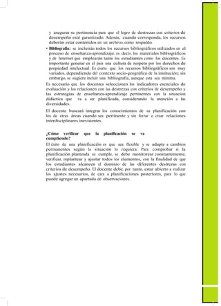 y asegurar su pertinencia para que el logro de destrezas con criterios de
desempeño esté garantizado. Además, cuando corresponda, los recursos
deberán estar contenidos en un archivo, como respaldo.
• Bibliografía: se incluirán todos los recursos bibliográficos utilizados en el
proceso de enseñanza-aprendizaje, es decir, los materiales bibliográficos
y de Internet que emplearán tanto los estudiantes como los docentes. Es
importante generar en el país una cultura de respeto por los derechos de
propiedad intelectual. Es cierto que los recursos bibliográficos son muy
variados, dependiendo del contexto socio-geográfico de la institución; sin
embargo, se sugiere incluir una bibliografía, aunque esta sea mínima.
Es necesario que los docentes seleccionen los indicadores esenciales de
evaluación y los relacionen con las destrezas con criterios de desempeño y
las estrategias de enseñanza-aprendizaje pertinentes con la situación
didáctica que va a ser planificada, considerando la atención a las
diversidades.
El docente buscará integrar los conocimientos de su planificación con
los de otras áreas cuando sea pertinente y sin forzar o crear relaciones
interdisciplinares inexistentes.
¿Cómo verificar que la planificación se va
cumpliendo?
El éxito de una planificación es que sea flexible y se adapte a cambios
permanentes según la situación lo requiera. Para comprobar si la
planificación planteada se cumple, se debe monitorear constantemente,
verificar, replantear y ajustar todos los elementos, con la finalidad de que
los estudiantes alcancen el dominio de las diferentes destrezas con
criterios de desempeño. El docente debe, por tanto, estar abierto a realizar
los ajustes necesarios, de cara a planificaciones posteriores, para lo que
puede agregar un apartado de observaciones.
 