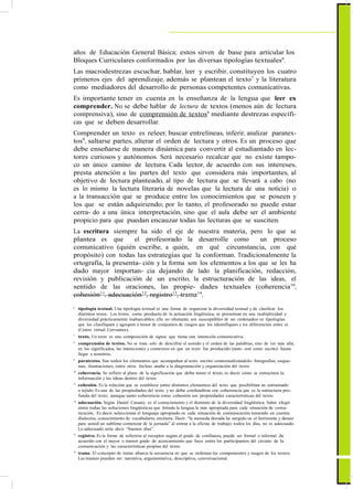 ActualizaciónyFortalecimientoCurriculardelaEducaciónGeneralBásica2010
años de Educación General Básica; estos sirven de base para articular los
Bloques Curriculares conformados por las diversas tipologías textuales6
.
Las macrodestrezas escuchar, hablar, leer y escribir, constituyen los cuatro
primeros ejes del aprendizaje, además se plantean el texto7
y la literatura
como mediadores del desarrollo de personas competentes comunicativas.
Es importante tener en cuenta en la enseñanza de la lengua que leer es
comprender. No se debe hablar de lectura de textos (menos aún de lectura
comprensiva), sino de comprensión de textos8
mediante destrezas específi-
cas que se deben desarrollar.
Comprender un texto es releer, buscar entrelíneas, inferir, analizar paratex-
tos9
, saltarse partes, alterar el orden de lectura y otros. Es un proceso que
debe enseñarse de manera dinámica para convertir al estudiantado en lec-
tores curiosos y autónomos. Será necesario recalcar que no existe tampo-
co un único camino de lectura. Cada lector, de acuerdo con sus intereses,
presta atención a las partes del texto que considera más importantes, al
objetivo de lectura planteado, al tipo de lectura que se llevará a cabo (no
es lo mismo la lectura literaria de novelas que la lectura de una noticia) o
a la transacción que se produce entre los conocimientos que se poseen y
los que se están adquiriendo; por lo tanto, el profesorado no puede estar
cerra- do a una única interpretación, sino que el aula debe ser el ambiente
propicio para que puedan encauzar todas las lecturas que se susciten.
La escritura siempre ha sido el eje de nuestra materia, pero lo que se
plantea es que el profesorado la desarrolle como un proceso
comunicativo (quién escribe, a quién, en qué circunstancia, con qué
propósito) con todas las estrategias que la conforman. Tradicionalmente la
ortografía, la presenta- ción y la forma son los elementos a los que se les ha
dado mayor importan- cia dejando de lado la planificación, redacción,
revisión y publicación de un escrito, la estructuración de las ideas, el
sentido de las oraciones, las propie- dades textuales (coherencia10
,
cohesión11
, adecuación12
, registro13
, trama14
,
6
tipología textual. Una tipología textual es una forma de organizar la diversidad textual y de clasificar los
distintos textos. Los textos, como producto de la actuación lingüística, se presentan en una multiplicidad y
diversidad prácticamente inabarcables; ello no obstante, son susceptibles de ser ordenados en tipologías
que los clasifiquen y agrupen a tenor de conjuntos de rasgos que los identifiquen y los diferencien entre sí.
(Centro virtual Cervantes).
7
texto. Un texto es una composición de signos que tiene una intención comunicativa.
8
comprensión de textos. No se trata solo de descifrar el sonido y el orden de las palabras, sino de ver más allá,
en los significados, las intenciones y contextos en que un texto fue producido (tanto oral como escrito) hasta
llegar a nosotros.
9
paratextos. Son todos los elementos que acompañan al texto escrito contextualizándolo: fotografías, esque-
mas, ilustraciones, entre otros. Incluso atañe a la diagramación y organización del texto.
10
coherencia. Se refiere al plano de la significación que debe tener el texto, es decir, cómo se estructura la
información y las ideas dentro del texto.
11
cohesión. Es la relación que se establece entre distintos elementos del texto que posibilitan un entramado
o tejido. Es una de las propiedades del texto y no debe confundirse con coherencia que es la estructura pro-
funda del texto; aunque tanto coherencia como cohesión son propiedades características del texto.
12
adecuación. Según Daniel Cassany es el conocimiento y el dominio de la diversidad lingüística. Saber elegir
entre todas las soluciones lingüísticas que brinda la lengua la más apropiada para cada situación de comu-
nicación. Es decir, seleccionar el lenguaje apropiado en cada situación de comunicación teniendo en cuenta
dialectos, conocimiento de vocabulario, etcétera. Decir: “la moneda dorada ha surgido en el horizonte y deseo
para usted un sublime comenzar de la jornada” al entrar a la oficina de trabajo, todos los días, no es adecuado.
Lo adecuado sería decir “buenos días”.
13
registro. Es la forma de referirse al receptor según el grado de confianza, puede ser formal o informal de
acuerdo con el mayor o menor grado de acercamiento que haya entre los participantes del circuito de la
comunicación y las características propias del texto.
14
trama. El concepto de trama abarca la secuencia en que se ordenan los componentes y rasgos de los textos.
Las tramas pueden ser: narrativa, argumentativa, descriptiva, conversacional.
25
 