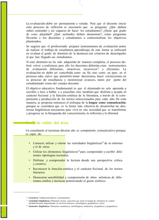 ActualizaciónyFortalecimientoCurriculardelaEducaciónGeneralBásica2010
La evaluación debe ser permanente y variada. Para que el docente inicie
este proceso de reflexión es necesario que se pregunte: ¿Qué deben
saber, entender y ser capaces de hacer los estudiantes? ¿Hasta qué grado
de com- plejidad? ¿Qué actitudes deben demostrar?, estas preguntas
llevarán a los docentes y estudiantes a contextualizar los objetivos
planteados.
Se sugiere que el profesorado prepare instrumentos de evaluación antes
de realizar el trabajo de enseñanza aprendizaje, de esta forma se enfocará
en evaluar el grado de dominio de la destreza con criterios de desempeño
al que han llegado sus estudiantes.
Si este dominio no ha sido adquirido de manera completa, el proceso de-
berá volver a realizarse, para ello los docentes deberán crear instrumentos
de evaluación diferentes, atractivos, recursivos22
y eficientes. La
evaluación no debe ser concebida como un fin, sino como un paso en el
proceso edu- cativo que permitirá tomar decisiones, hacer correcciones en
su proceso de enseñanza y monitorear avances, tanto por parte del
estudiantado como del cuerpo docente
El objetivo educativo fundamental es que el alumnado no solo aprenda a
escribir, a leer, a hablar y a escuchar, sino también que disfrute y acepte el
carácter ficcional y la función estética de la literatura, a través de la com-
prensión y producción de los textos seleccionados para cada año. De esta
manera, se propone entonces el enfoque de la lengua como comunicación,
porque se considera que es la forma más efectiva de desarrollar las des-
trezas lingüísticas necesarias para vivir en una sociedad que se transforme
y progrese en la búsqueda del conocimiento, la reflexión y la libertad.
Perfil de salida del área
Un estudiante al terminar décimo año es competente comunicativo porque
es capaz de:
• Conocer, utilizar y valorar las variedades lingüísticas23
de su entorno
y el de otros.
• Utilizar los elementos lingüísticos24
para comprender y escribir dife-
rentes tipologías textuales.
• Disfrutar y comprender la lectura desde una perspectiva crítica
y creativa.
• Reconocer la función estética y el carácter ficcional de los textos
literarios.
• Demostrar sensibilidad y comprensión de obras artísticas de dife-
rentes estilos y técnicas potenciando el gusto estético.
22
recursivos. Trabajos periódicos y permanentes.
23
variedades lingüísticas. Diferentes formas concretas que tiene la lengua de realizarse en cuanto
entidad humana, dependiendo de diversos factores, cronológicos, geográficos y otros.
24
elementos lingüísticos. Elementos semánticos, morfológicos, sintácticos, ortográficos y pragmáticos.
28
 