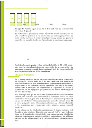 1 dólar 1 dólar 1 dólar 1 dólar
La regla del patrón a seguir es de más 1 dólar cada vez que se incrementa
un pedazo de pastel.
La evaluación de patrones es posible hacerla de muchas maneras, una de
ellas puede ser pidiendo a los estudiantes que construyan patrones de
suma o resta, indicando el número con el que inicia, y la regla que genera la
sucesión, por ejemplo: Escriba los elementos de las siguientes sucesiones.
Regla:
1
más 4
Regla:
53
menos -2
También el docente puede evaluar utilizando la tabla de 50 o 100 unida-
des como la trabajada anteriormente y por medio de la observación y de
preguntas pertinentes, podrá darse cuenta del nivel de comprensión del
conocimiento de cada uno de los estudiantes.
Bloque: Numérico
En el bloque numérico, uno de los temas esenciales a tratarse en este año
de Educación General Básica es el del valor posicional con números de
hasta tres cifras. Es de gran importancia que los estudiantes comprendan el
signifi- cado de las centenas y lo que representa cada una de sus cifras,
siendo esta la base para la comprensión de algoritmos de adición y
sustracción con re- agrupación que permitirán los nuevos aprendizajes en
los años posteriores.
Una estrategia para que los estudiantes comprendan este conocimiento es
analizar junto con ellos cómo varía el valor de un número cuando sus cifras
cambian de posición, para ello el docente puede propiciar la oportunidad
de que los estudiantes establezcan comparaciones entre números como: 21
y 12, 23 y 32, entre otros. Este conocimiento se puede reforzar solicitando
a los estudiantes que representen estos números usando material
concreto.
Es importante que los estudiantes conozcan que el sistema numérico está
basado en diez símbolos diferentes que van del 0 al 9, y que podemos
jugar con la posición de estos símbolos para representar una infinidad de
números. Una manera de hacerlo es solicitar a los estudiantes que elaboren
tarjetas con los números del 0 al 9 y formen diferentes números usando
so-
 