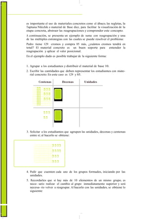 Centenas Decenas Unidades
ActualizaciónyFortalecimientoCurriculardelaEducaciónGeneralBásica2010
es importante el uso de materiales concretos como el ábaco, las regletas, la
Taptana Nikichik o material de Base diez, para facilitar la visualización de la
etapa concreta, abstraer las reagrupaciones y comprender este concepto.
A continuación, se presenta un ejemplo de suma con reagrupación y una
de las múltiples estrategias con las cuales se puede resolver el problema:
Pedro tiene 129 cromos y compra 85 más, ¿cuántos cromos tendrá en
total? El material concreto es un buen soporte para entender la
reagrupación y aplicar el valor posicional.
En el ejemplo dado es posible trabajar de la siguiente forma:
1. Agrupar a los estudiantes y distribuir el material de base 10.
2. Escribir las cantidades que deben representar los estudiantes con mate-
rial concreto. En este caso es 129 y 85.
129
85
3. Solicitar a los estudiantes que agrupen las unidades, decenas y centenas
entre sí; al hacerlo se obtiene:
4. Pedir que cuenten cada uno de los grupos formados, iniciando por las
unidades.
5. Recordarles que si hay más de 10 elementos de un mismo grupo, es
nece- sario realizar el cambio al grupo inmediatamente superior y será
necesa- rio volver a reagrupar. Al hacerlo con las unidades, se obtiene lo
siguiente:
66
 