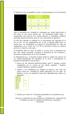 9. Después de leer la cantidad se realiza la representación con los numerales.
C D U
1 2 9
+ 8 5
2 1 4
Aquí se encuentra una variedad de estrategias que puede aprovechar el
do- cente en este tema, puesto que los estudiantes deben llegar a
comprender este proceso con mucha práctica en problemas similares
utilizando material concreto, antes de usar únicamente el algoritmo.
En este año, además, se trabajará en el conocimiento del algoritmo de la
res- ta, esta vez con reagrupación, por lo que el docente debe tomar en
cuenta que sus estudiantes ya conocen el procedimiento de resta sin
reagrupación en el círculo del 0 al 99. Es necesario evaluar los saberes
previos en relación a este tema.
El estudiante debe ser capaz de definir a la resta como la operación que
per- mite quitar, disminuir, encontrar la diferencia de dos números y
asociarla con aplicaciones de su vida cotidiana.
Es fundamental que el docente respete todas las etapas del proceso de
en- señanza-aprendizaje del algoritmo de la resta. A continuación, se
presenta un ejemplo de este proceso.
1. Iniciar con una situación problema: Raquel tiene 15 humitas y desea
compartirlas con su vecina, así que decide regalarle 7 humitas,
¿cuántas humitas le quedan a Raquel?
2. Solicitar a los estudiantes que trabajen en parejas y que cada uno
repre- sente esta cantidad, de modos diferentes, una con palos de
helados y la otra con material de base diez. Obtendrán algo similar a lo
siguiente:
=
3. Solicitar que resten los 7 elementos planteados en el problema y que
com-
paren sus respuestas. En este momento el estudiante que representó las
15 humitas con palos de helados descubrirá que le quedan 8
elementos.
 