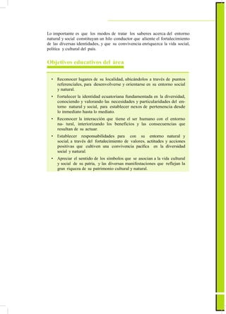 ActualizaciónyFortalecimientoCurriculardelaEducaciónGeneralBásica2010
Lo importante es que los modos de tratar los saberes acerca del entorno
natural y social constituyan un hilo conductor que aliente el fortalecimiento
de las diversas identidades, y que su convivencia enriquezca la vida social,
política y cultural del país.
Objetivos educativos del área
• Reconocer lugares de su localidad, ubicándolos a través de puntos
referenciales, para desenvolverse y orientarse en su entorno social
y natural.
• Fortalecer la identidad ecuatoriana fundamentada en la diversidad,
conociendo y valorando las necesidades y particularidades del en-
torno natural y social, para establecer nexos de pertenencia desde
lo inmediato hasta lo mediato.
• Reconocer la interacción que tiene el ser humano con el entorno
na- tural, interiorizando los beneficios y las consecuencias que
resultan de su actuar.
• Establecer responsabilidades para con su entorno natural y
social, a través del fortalecimiento de valores, actitudes y acciones
positivas que cultiven una convivencia pacífica en la diversidad
social y natural.
• Apreciar el sentido de los símbolos que se asocian a la vida cultural
y social de su patria, y las diversas manifestaciones que reflejan la
gran riqueza de su patrimonio cultural y natural.
77
 