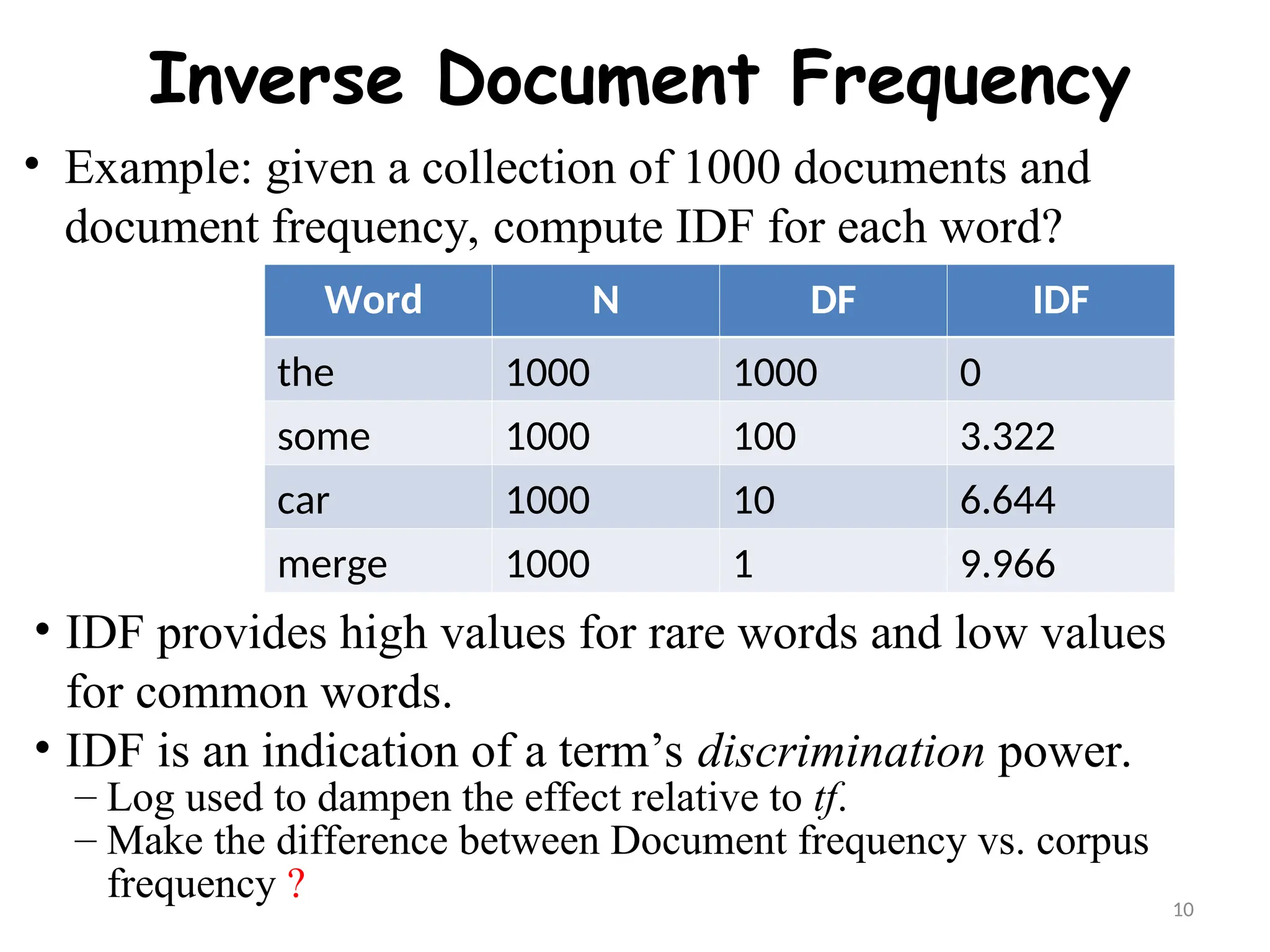 10
Inverse Document Frequency
• IDF provides high values for rare words and low values
for common words.
• IDF is an indication of a term’s discrimination power.
– Log used to dampen the effect relative to tf.
– Make the difference between Document frequency vs. corpus
frequency ?
• Example: given a collection of 1000 documents and
document frequency, compute IDF for each word?
Word N DF IDF
the 1000 1000 0
some 1000 100 3.322
car 1000 10 6.644
merge 1000 1 9.966
 