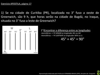 Apresentação elaborada pela Professora FERNANDA BRUM LOPES, disciplina de Geografia
Exercício APOSTILA, página 17
1) Se na cidade de Curitiba (PR), localizada no 3° fuso a oeste de
Greenwich, são 9 h, que horas serão na cidade de Bagdá, no Iraque,
situada no 3° fuso a leste de Greenwich?
1°)Encontrar a diferença entre as longitudes
-Hemisférios ≠  SOMAR as longitudes WL ou LW
-Hemisférios =  SUBTRAIR as longitudes WW ou LL
45° + 45° = 90°
 
