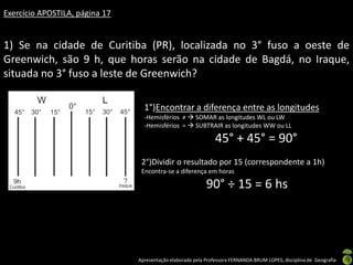 Apresentação elaborada pela Professora FERNANDA BRUM LOPES, disciplina de Geografia
Exercício APOSTILA, página 17
1) Se na cidade de Curitiba (PR), localizada no 3° fuso a oeste de
Greenwich, são 9 h, que horas serão na cidade de Bagdá, no Iraque,
situada no 3° fuso a leste de Greenwich?
1°)Encontrar a diferença entre as longitudes
-Hemisférios ≠  SOMAR as longitudes WL ou LW
-Hemisférios =  SUBTRAIR as longitudes WW ou LL
45° + 45° = 90°
2°)Dividir o resultado por 15 (correspondente a 1h)
Encontra-se a diferença em horas
90° ÷ 15 = 6 hs
 