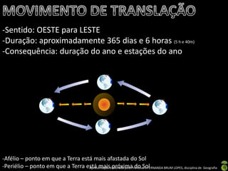 Apresentação elaborada pela Professora FERNANDA BRUM LOPES, disciplina de Geografia
-Sentido: OESTE para LESTE
-Duração: aproximadamente 365 dias e 6 horas (5 h e 40m)
-Consequência: duração do ano e estações do ano
-Afélio – ponto em que a Terra está mais afastada do Sol
-Periélio – ponto em que a Terra está mais próxima do Sol
 