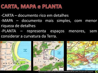 Apresentação elaborada pela Professora FERNANDA BRUM LOPES, disciplina de Geografia
-CARTA – documento rico em detalhes
-MAPA – documento mais simples, com menor
riqueza de detalhes
-PLANTA – representa espaços menores, sem
considerar a curvatura da Terra.
 