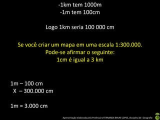 Apresentação elaborada pela Professora FERNANDA BRUM LOPES, disciplina de Geografia
-1km tem 1000m
-1m tem 100cm
Logo 1km seria 100 000 cm
Se você criar um mapa em uma escala 1:300.000.
Pode-se afirmar o seguinte:
1cm é igual a 3 km
1m – 100 cm
X – 300.000 cm
1m = 3.000 cm
 