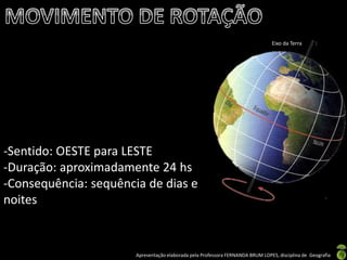 Apresentação elaborada pela Professora FERNANDA BRUM LOPES, disciplina de Geografia
-Sentido: OESTE para LESTE
-Duração: aproximadamente 24 hs
-Consequência: sequência de dias e
noites
Eixo da Terra
 