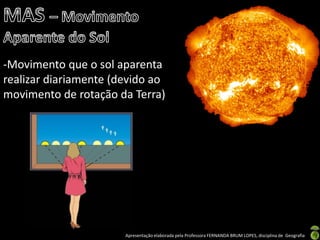Apresentação elaborada pela Professora FERNANDA BRUM LOPES, disciplina de Geografia
-Movimento que o sol aparenta
realizar diariamente (devido ao
movimento de rotação da Terra)
 