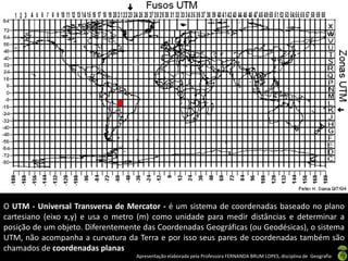 Apresentação elaborada pela Professora FERNANDA BRUM LOPES, disciplina de Geografia
O UTM - Universal Transversa de Mercator - é um sistema de coordenadas baseado no plano
cartesiano (eixo x,y) e usa o metro (m) como unidade para medir distâncias e determinar a
posição de um objeto. Diferentemente das Coordenadas Geográficas (ou Geodésicas), o sistema
UTM, não acompanha a curvatura da Terra e por isso seus pares de coordenadas também são
chamados de coordenadas planas
 