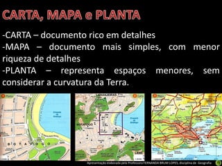 Apresentação elaborada pela Professora FERNANDA BRUM LOPES, disciplina de Geografia
-CARTA – documento rico em detalhes
-MAPA – documento mais simples, com menor
riqueza de detalhes
-PLANTA – representa espaços menores, sem
considerar a curvatura da Terra.
 