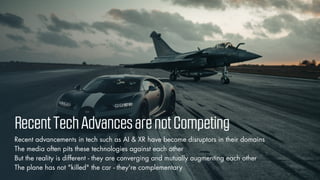 © Vizualus. All Rights Reserved.
5
RecentTechAdvancesarenotCompeting
Recent advancements in tech such as AI & XR have become disruptors in their domains
The media often pits these technologies against each other
But the reality is different - they are converging and mutually augmenting each other
The plane has not "killed" the car - they're complementary
 
