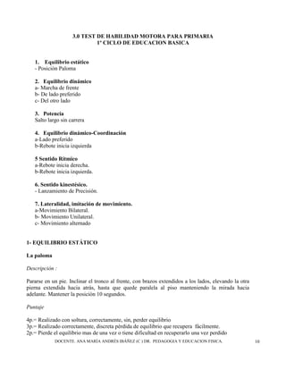 DOCENTE. ANA MARÍA ANDRÉS IBÁÑEZ (C ) DR. PEDAGOGIA Y EDUCACION FISICA. 10
3.0 TEST DE HABILIDAD MOTORA PARA PRIMARIA
1º CICLO DE EDUCACION BASICA
1. Equilibrio estático
- Posición Paloma
2. Equilibrio dinámico
a- Marcha de frente
b- De lado preferido
c- Del otro lado
3. Potencia
Salto largo sin carrera
4. Equilibrio dinámico-Coordinación
a-Lado preferido
b-Rebote inicia izquierda
5 Sentido Rítmico
a-Rebote inicia derecha.
b-Rebote inicia izquierda.
6. Sentido kinestésico.
- Lanzamiento de Precisión.
7. Lateralidad, imitación de movimiento.
a-Movimiento Bilateral.
b- Movimiento Unilateral.
c- Movimiento alternado
1- EQUILIBRIO ESTÁTICO
La paloma
Descripción :
Pararse en un pie. Inclinar el tronco al frente, con brazos extendidos a los lados, elevando la otra
pierna extendida hacia atrás, hasta que quede paralela al piso manteniendo la mirada hacia
adelante. Mantener la posición 10 segundos.
Puntaje
4p.= Realizado con soltura, correctamente, sin, perder equilibrio
3p.= Realizado correctamente, discreta pérdida de equilibrio que recupera fácilmente.
2p.= Pierde el equilibrio mas de una vez o tiene dificultad en recuperarlo una vez perdido
 