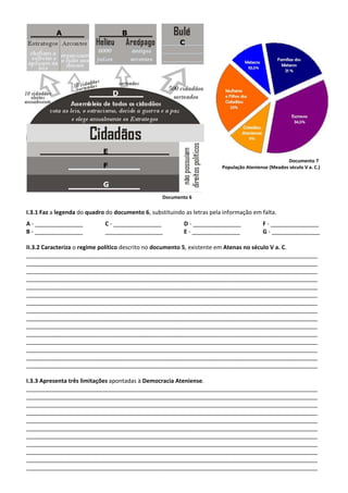 Documento 7
População Ateniense (Meados século V a. C.)
Documento 6
I.3.1 Faz a legenda do quadro do documento 6, substituindo as letras pela informação em falta.
A - _______________
B - _______________
C - _______________
__________________
D - _______________
E - _______________
F - _______________
G - _______________
II.3.2 Caracteriza o regime político descrito no documento 5, existente em Atenas no século V a. C.
___________________________________________________________________________________________
___________________________________________________________________________________________
___________________________________________________________________________________________
___________________________________________________________________________________________
___________________________________________________________________________________________
___________________________________________________________________________________________
___________________________________________________________________________________________
___________________________________________________________________________________________
___________________________________________________________________________________________
___________________________________________________________________________________________
___________________________________________________________________________________________
___________________________________________________________________________________________
___________________________________________________________________________________________
___________________________________________________________________________________________
___________________________________________________________________________________________
I.3.3 Apresenta três limitações apontadas à Democracia Ateniense.
___________________________________________________________________________________________
___________________________________________________________________________________________
___________________________________________________________________________________________
___________________________________________________________________________________________
___________________________________________________________________________________________
___________________________________________________________________________________________
___________________________________________________________________________________________
___________________________________________________________________________________________
___________________________________________________________________________________________
___________________________________________________________________________________________
___________________________________________________________________________________________
A B
C
D
E
F
G
 