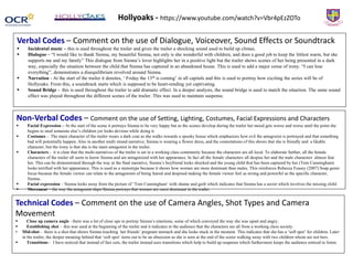 Verbal Codes – Comment on the use of Dialogue, Voiceover, Sound Effects or Soundtrack
 Incidental music – this is used throughout the trailer and gives the trailer a shocking sound used to build up climax.
 Dialogue – “I would like to thank Sienna, my beautiful Sienna, not only is she wonderful with children, and does a good job to keep the littlest warm, but she
supports me and my family” This dialogue from Sienna’s lover highlights her in a positive light but the trailer shows scenes of her being presented in a dark
way, especially the situation between the child that Sienna has captured in an abandoned house. This is used to add a major sense of irony. “I can lose
everything”, demonstrates a disequilibrium revolved around Sienna.
 Narration - At the start of the trailer it denotes, ‘ Friday the 13th is coming’ in all capitals and this is used to portray how exciting the series will be of
Hollyoaks. From this, a soundtrack starts which is supposed to be heart-rending yet captivating.
 Sound Bridge - this is used throughout the trailer to add dramatic effect. In a deeper analysis, the sound bridge is used to match the situation. The same sound
effect was played throughout the different scenes of the trailer. This was used to maintain suspense.
Non-Verbal Codes – Comment on the use of Setting, Lighting, Costumes, Facial Expressions and Characters
 Facial Expression – At the start of the scene it portrays Sienna to be very happy but as the scenes develop during the trailer her mood gets worse and worse until the point she
begins to steal someone else’s children yet looks devious while doing it.
 Costumes - The main character of the trailer wears a dark coat as she walks towards a spooky house which emphasizes how evil the antagonist is portrayed and that something
bad will potentially happen. Also in another multi strand narrative, Sienna is wearing a flower dress, and the connotations of this shows that she is friendly and a likable
character, but the irony is that she is the main antagonist in the trailer.
 Characters - it is clear that the multi-narratives of the trailer is set in a working class community because the characters are all local. To elaborate further, all the female
characters of the trailer all seem to know Sienna and are antagonized with her appearance. In fact all the female characters all despise her and the male characters almost fear
her. This can be demonstrated through the way at the final narrative, Sienna’s boyfriend looks shocked and the young child that has been captured by her (Tom Cunningham)
looks terrified with her appearance. This is used as a stereotype because it shows how women are more dominant than males. This reinforces Rebecca Feasey (2007) Soap genre
focus because the female viewer can relate to the antagonism of being feared and despised making the female viewer feel as strong and powerful as the specific character,
Sienna..
 Facial expression – Sienna looks away from the picture of ‘Tom Cunningham’ with shame and guilt which indicates that Sienna has a secret which involves the missing child.
 Movement – the way the antagonist slaps Sienna portrays that women are more dominant in the trailer.
Technical Codes – Comment on the use of Camera Angles, Shot Types and Camera
Movement
 Close up camera angle - there was a lot of close ups to portray Sienna’s emotions, some of which conveyed the way she was upset and angry.
 Establishing shot - this was used at the beginning of the trailer and it indicates to the audience that the characters are all from a working class society.
• Mid-shot - there is a shot that shows Sienna touching her friends’ pregnant stomach and she looks stuck in the moment. This indicates that she has a ‘soft spot’ for children. Later
in the trailer, the deeper meaning behind that ‘soft spot’ turns out to be an obsession as she is seen at the end of the scene walking away with two children whom are not hers.
 Transitions - I have noticed that instead of fast cuts, the trailer instead uses transitions which help to build up suspense which furthermore keeps the audience enticed to listen.
Hollyoaks - https://www.youtube.com/watch?v=Vbr4pEzZOTo
 