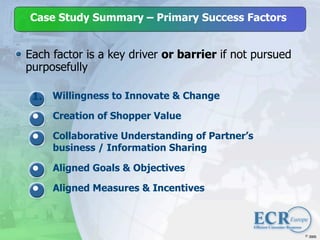 Case Study Summary – Primary Success Factors


Each factor is a key driver or barrier if not pursued
purposefully

 1. Willingness to Innovate & Change
 •   Creation of Shopper Value

 •   Collaborative Understanding of Partner’s
     business / Information Sharing

 •   Aligned Goals & Objectives

 •   Aligned Measures & Incentives



                                                         2005
 