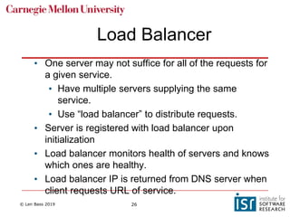 © Len Bass 2019 26
Load Balancer
• One server may not suffice for all of the requests for
a given service.
• Have multiple servers supplying the same
service.
• Use “load balancer” to distribute requests.
• Server is registered with load balancer upon
initialization
• Load balancer monitors health of servers and knows
which ones are healthy.
• Load balancer IP is returned from DNS server when
client requests URL of service.
 