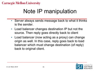 © Len Bass 2019 31
Note IP manipulation
• Server always sends message back to what it thinks
is the sender.
• Load balancer changes destination IP but not the
source. Then reply goes directly back to client
• Load balancer (now acting as a proxy) can change
origin as well. In this case, reply goes back to load
balancer which must change destination (of reply)
back to original client.
 
